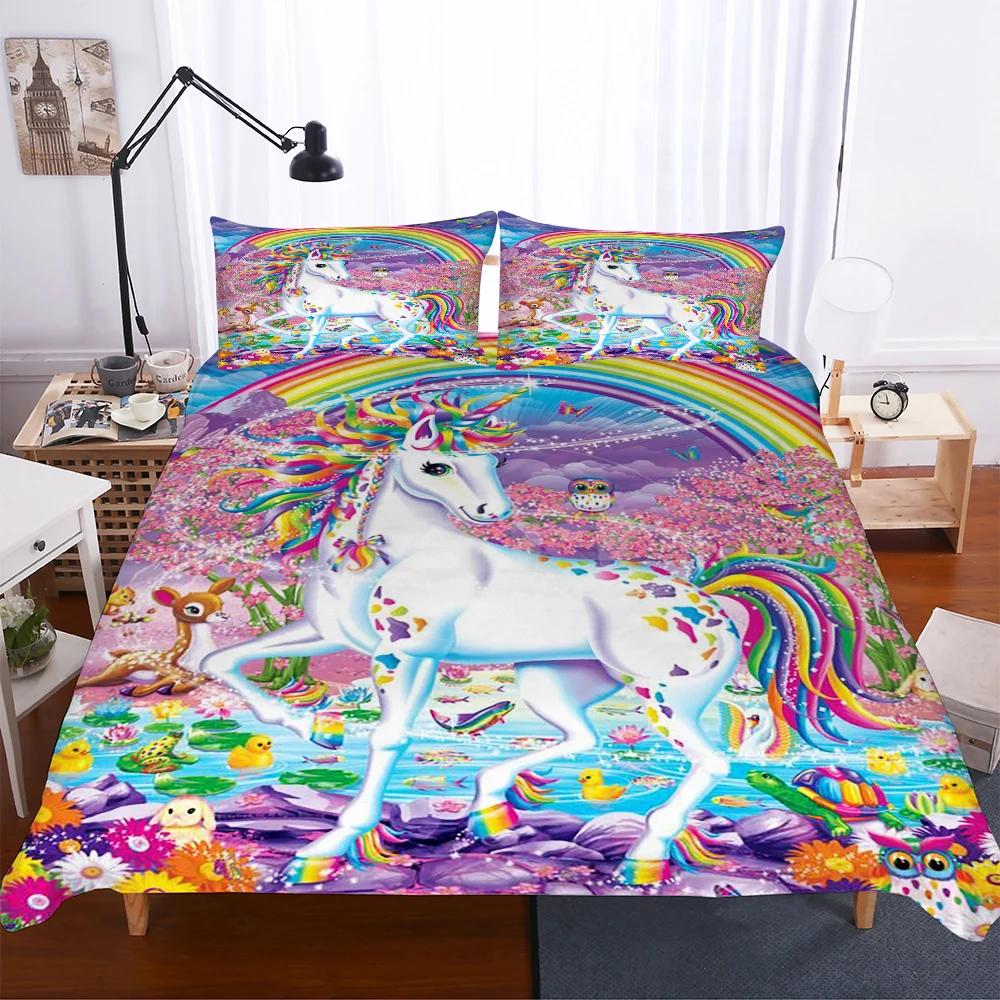 Cartoon Pink Bedding Sets 2/3 Pcs Duvet Cover Set Pillowcases Starry Sky Rainbow Unicorns Bedding Set For Girl EU Twin Single
