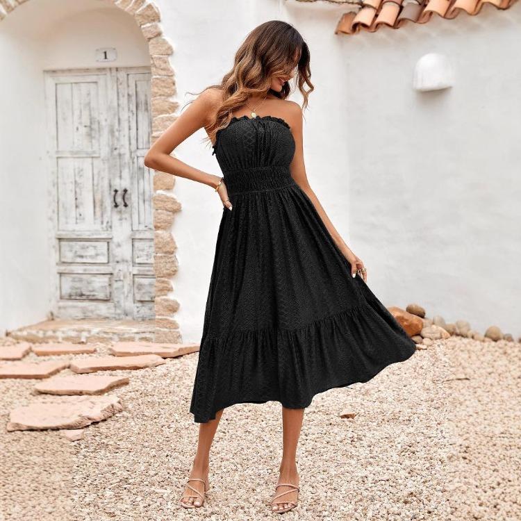Summer Women Casual Sleeveless Strapless A-Line Dress High Waist Middle Long Solid Color One Collar Spring Dresses S-XL