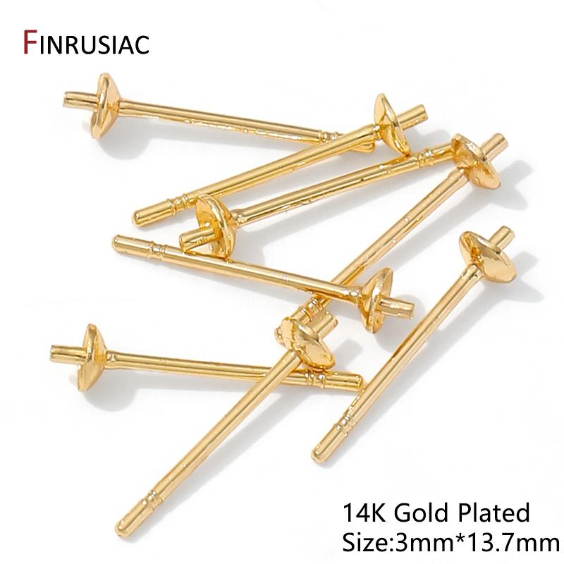 

14K Gold Plated Brass Earring Stud Base Blank Post Ear Studs Tray Earplug For Pearl DIY Earring Making Accessories 10 pieces