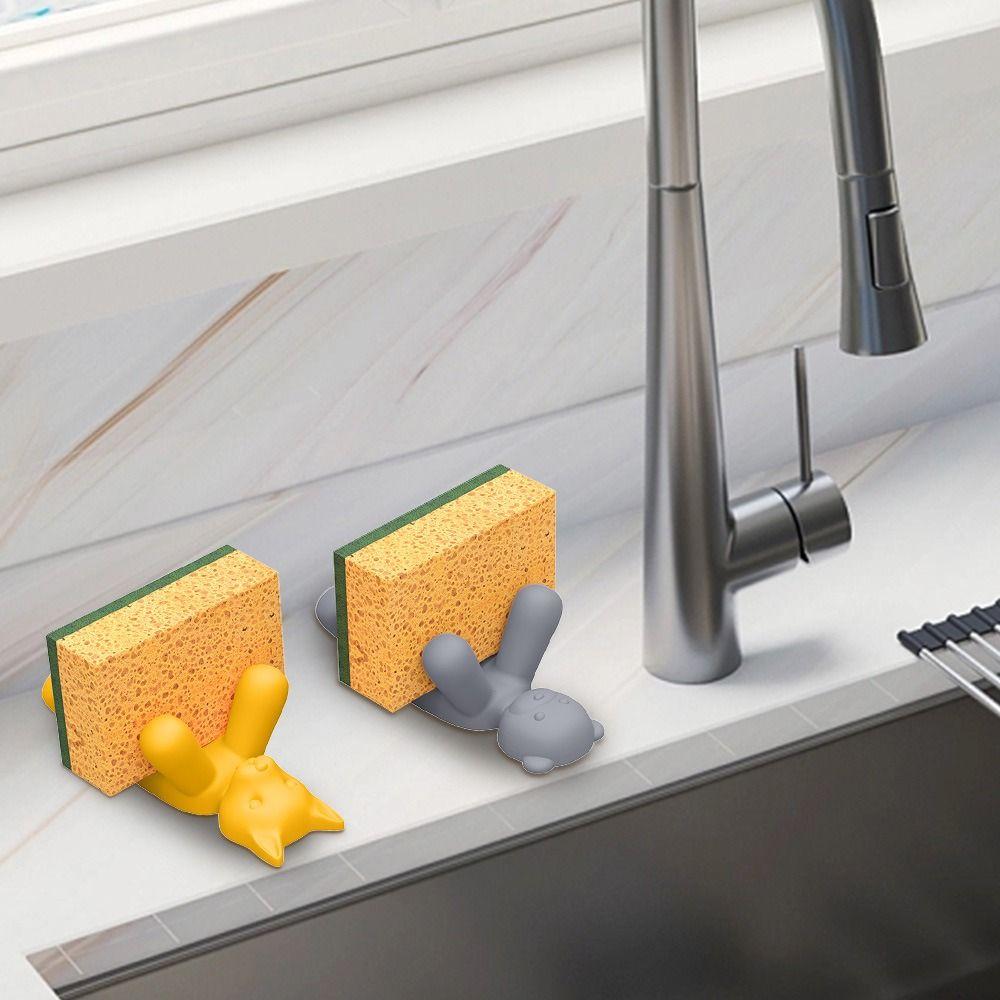 2Pcs Cartoon Stand-up Sponge Drain Rack Cat Bear Shape Sponge Holder Sink Storage Rack  Sink Area