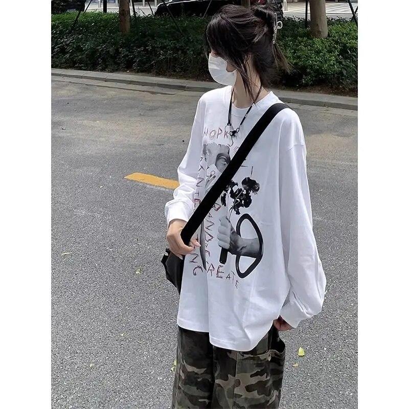 2KWEIRD High Street Oversize Women Camisetas White Vintage Long Sleeve Letter Hand-Painted Tshirts Hiphop Grunge Tops Y2k Tees American