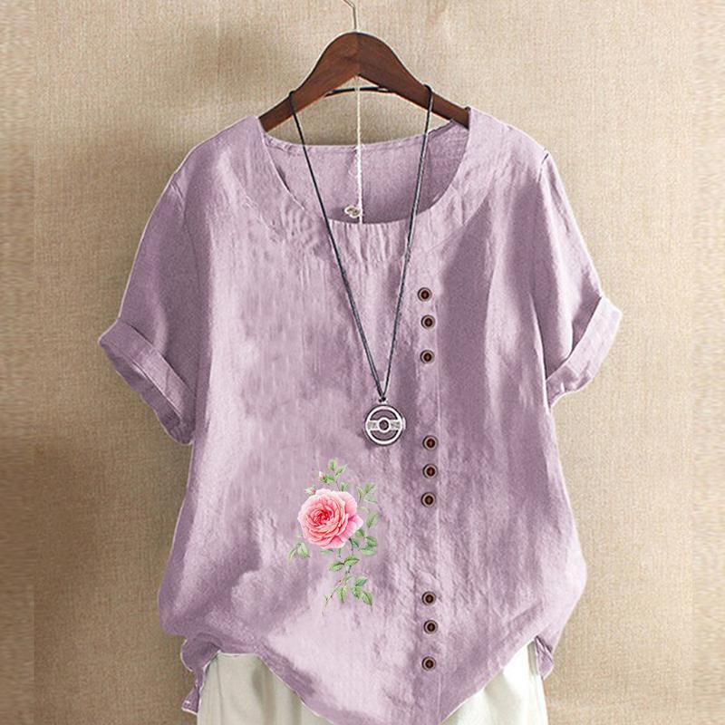 Women's New Fashion Linen Shirt Round Neck Short Sleeve Flower Printed T-shirt Summer Ladies Casual Plus Size Blouse Tops
