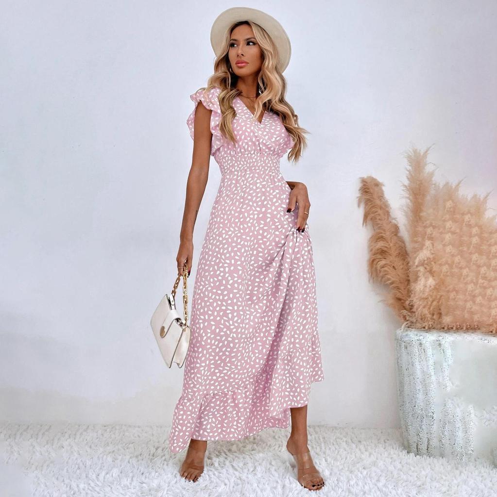 Women Summer Spring  Sleeveless Flower Print V-neck Casual A-Line Ankle-Length High Waist Dress