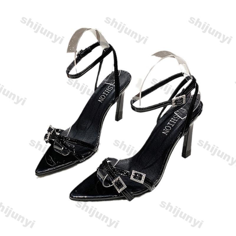 Fashion Party Women Shoes 2025 Summer Fashion Square Buckle Rhinestone Sandals Pointed Toe Thin Heels Ankle Super-high Heel Pumps