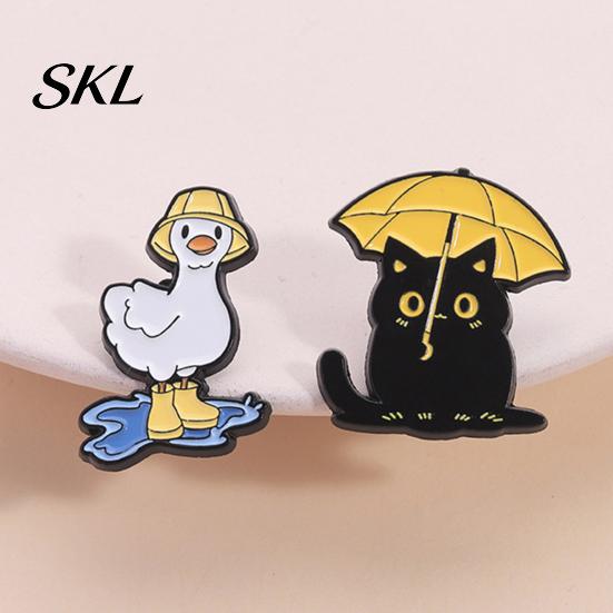 Rainy Day Pin Enamel Brooch, Animal Pin, Black Cat Umbrella Duck Treading Water Colorful Jewelry Badge, Vivid Expressions Stable Metal for Jacket Bag