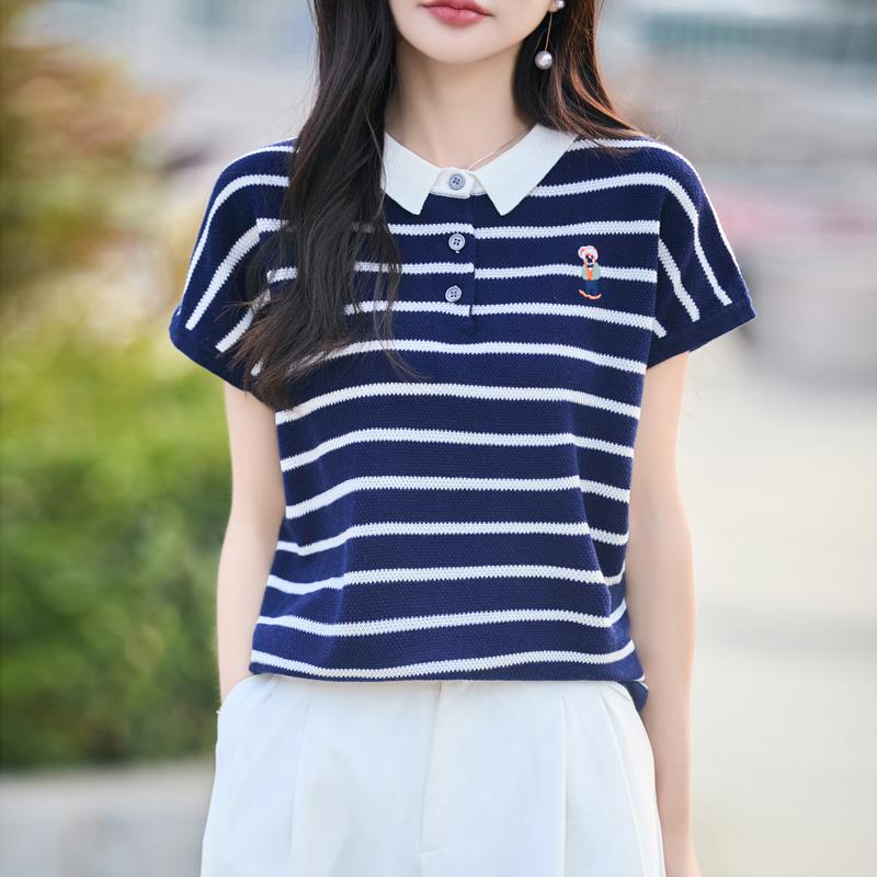 Women Knit T-shirt 100% Wool MODERN NEW SAGA Summer Knitted Shirt Short Sleeve Tees Turn-down Collar Patchwork Pullover Knit Tops