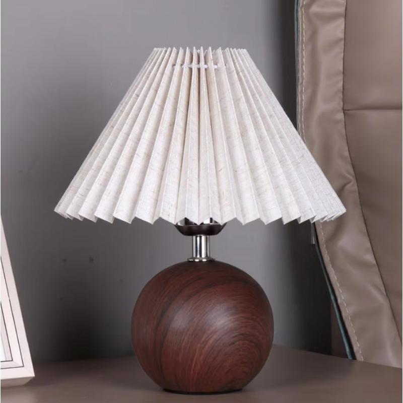 LED Bedside Table Lamp Cute Small Pleated Lamps for Nightstand Circular Walnut Ambient Light USB Bedroom Decoration Night Light
