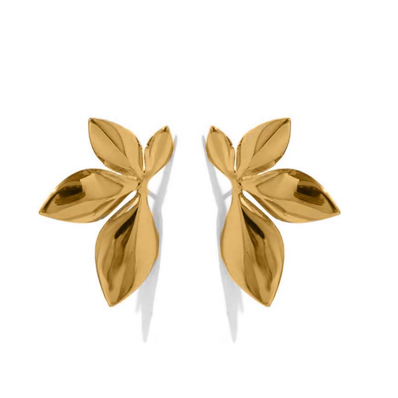 Fashion Stainless Steel Leaves Flower Stud Earrings Bright Anti Allergy Waterproof Charm Texture Jewelry