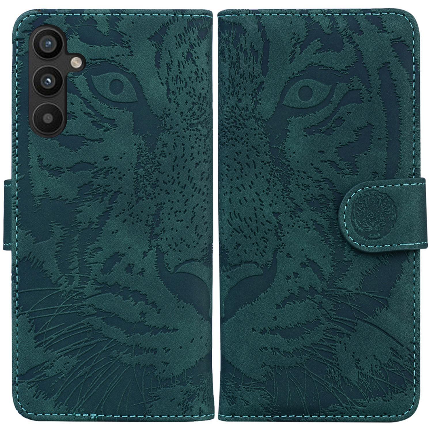 

For Samsung Galaxy A34 5G Magnetic Clasp Phone Case Tiger Pattern Imprinted Wallet PU Leather Stand Protective Phone Shell Green