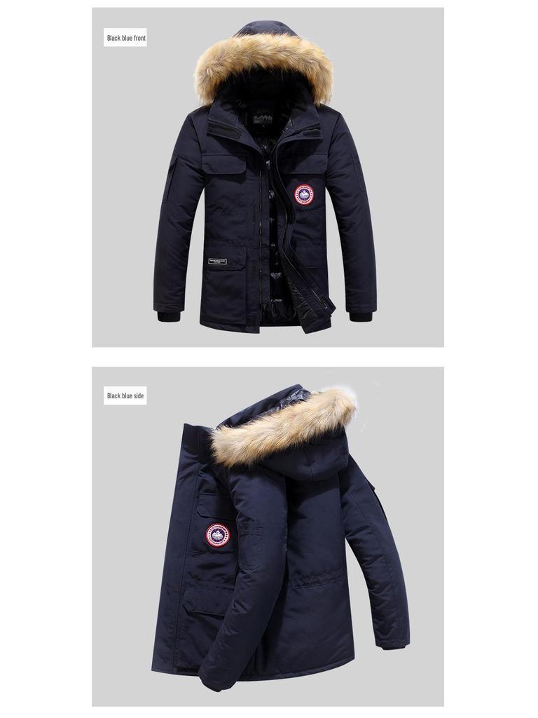 Men's Mid-Length Cotton Jacket with Fur Collar - Warm, Hooded, Windproof, Fashionable Outerwear