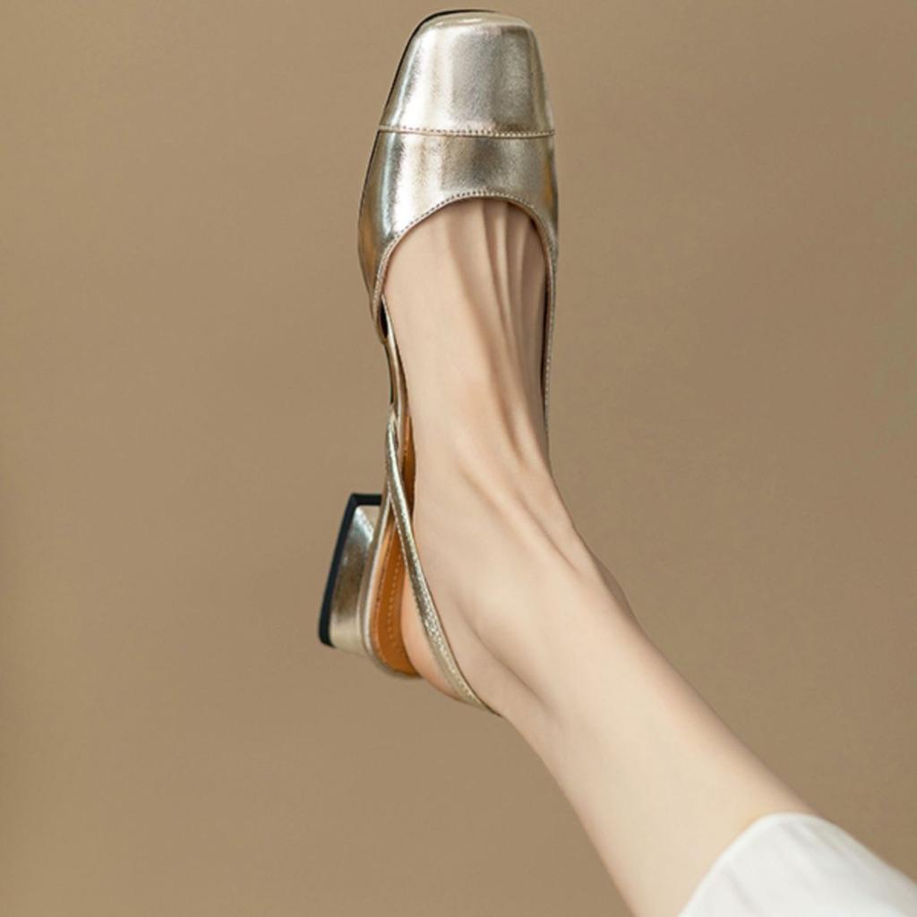 French 2025 summer temperament Internet celebrity silver super thin square head empty single shoes low heel bag head wear sandals women