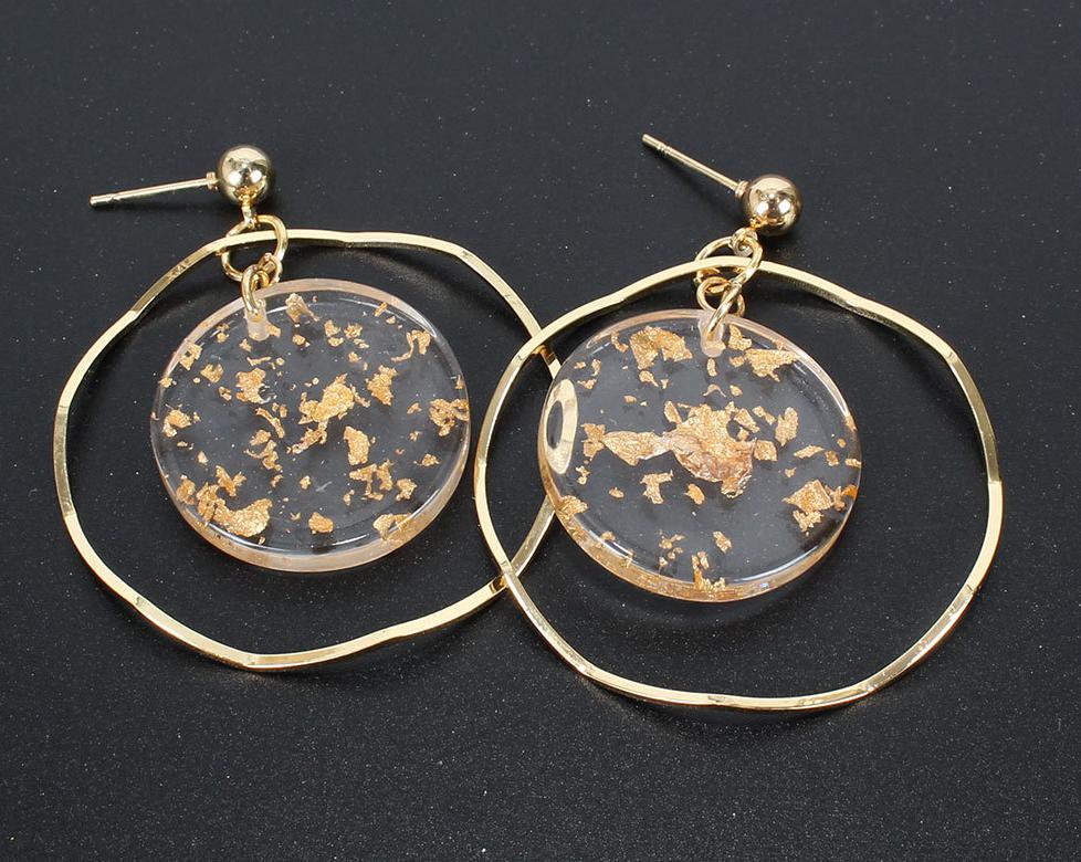 

Korean Tide Retro Fashionable Metal Hollow Out Earring Mosaic Circle Transparent Resin Gold Sequins Simple Geometric Earrings