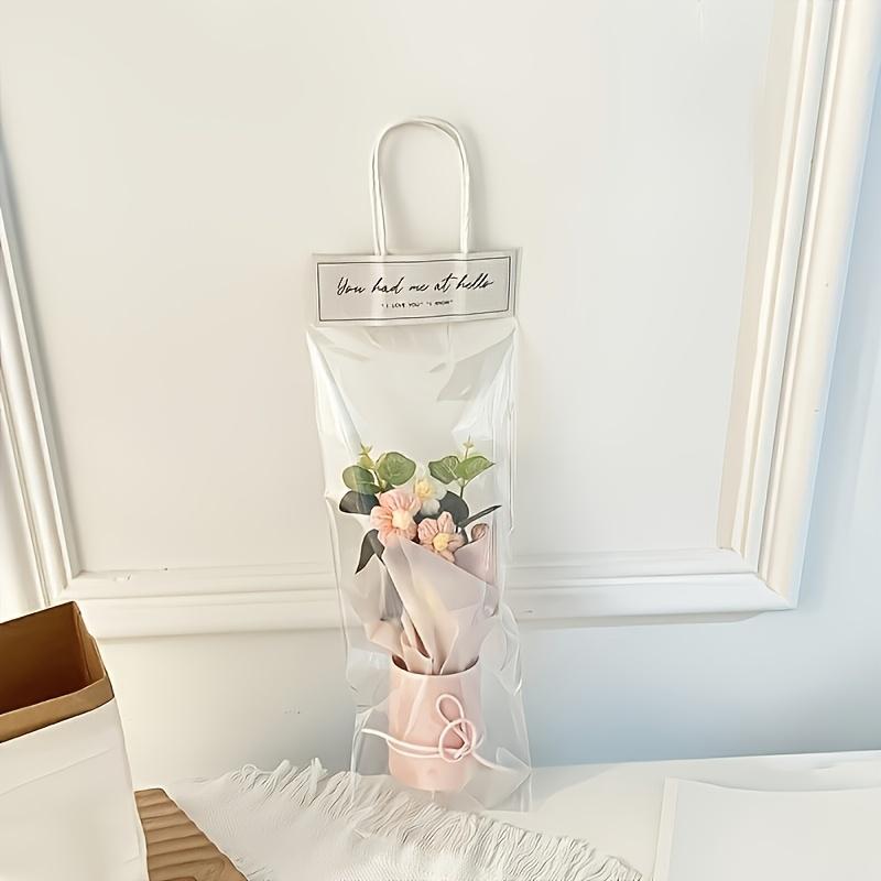 1PC handmade crochet bouquet with pink vase, including crocheted flower fabric wrapping paper and ribbon - carefully woven cotton thread