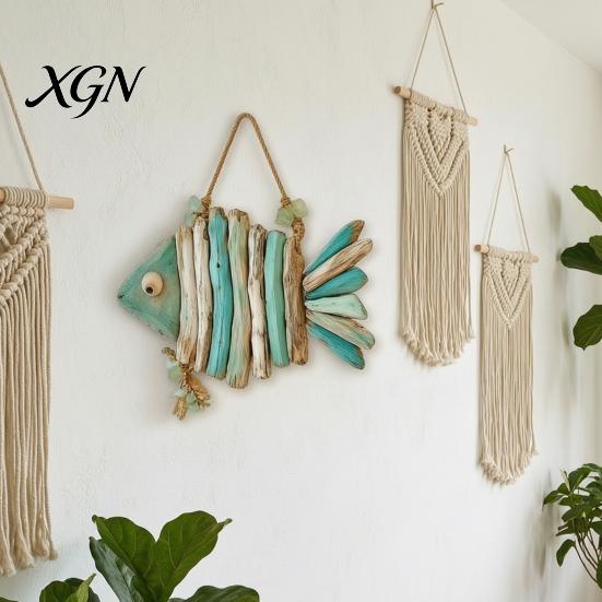 Housewarming Coastal Gifts Fish Handmade Wall Decor, Rustic Hanging Ornament with Sea Glass Nautical Ornaments Jute Rope, Bohemian Beach Style Art for