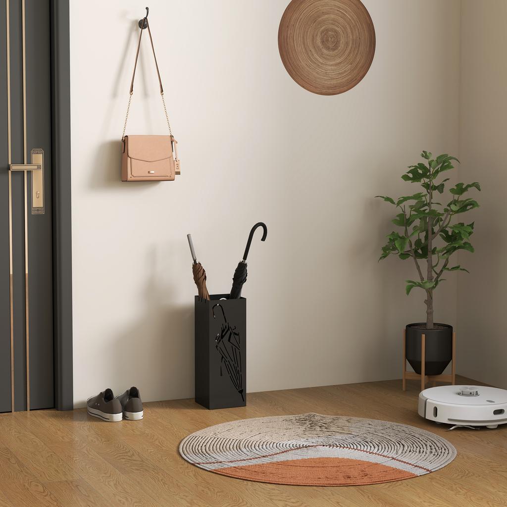 Metal Umbrella Stand, Square Umbrella Holder with 4 Hooks and Removable Drip Tray, Decorative Umbrella Storage Rack for Entryway, Hallway