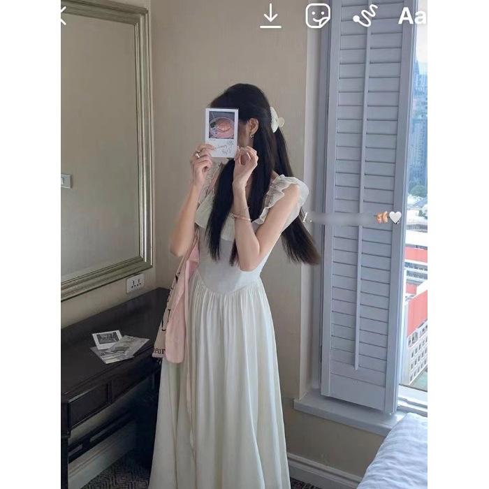 French Ruffle Leaf Edge Small Flying Sleeve Chiffon Dress Women's Spring and Summer New Korean Square Collar Temperament Pink Long Skirt