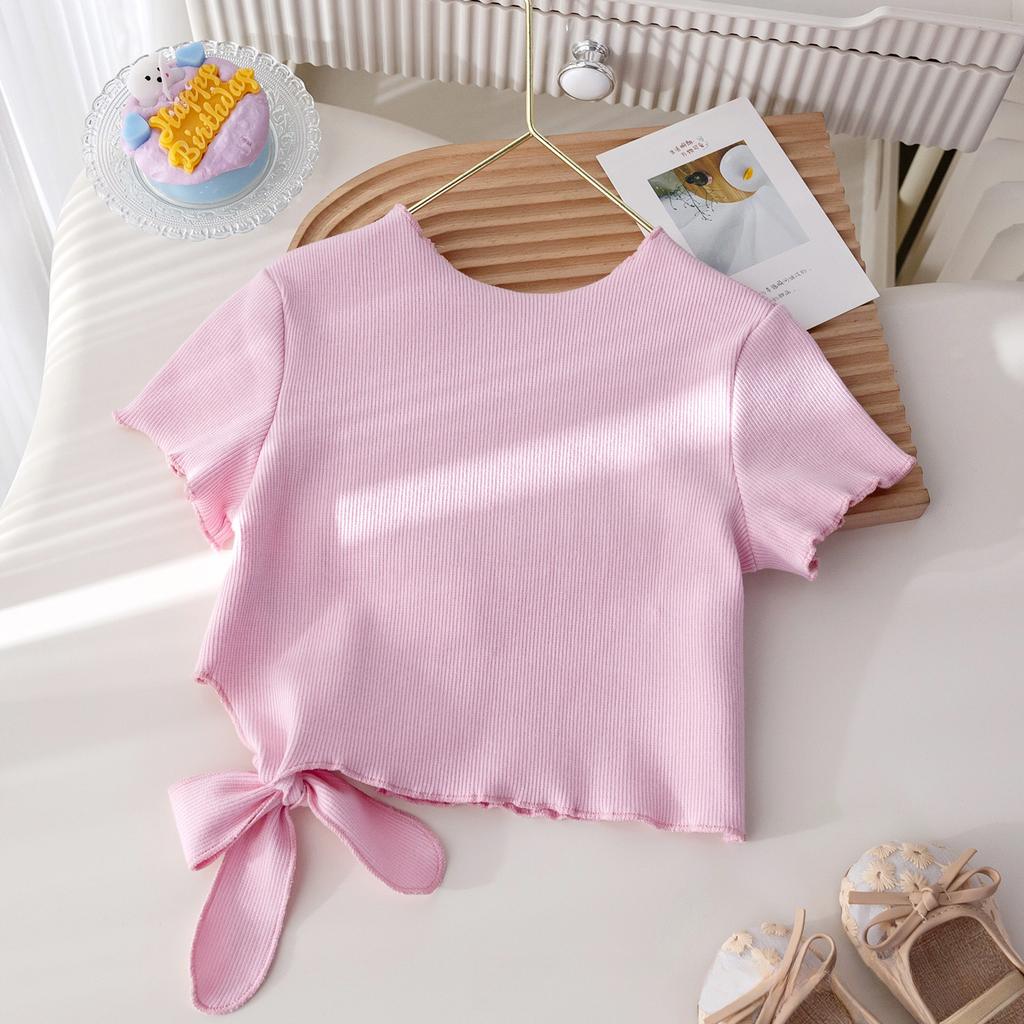 Sommarbaslinne för flickor Barn Koreansk med volang Kant Topp Bebis Enfärgad Casual T-shirt+kjol Tvådelat Set