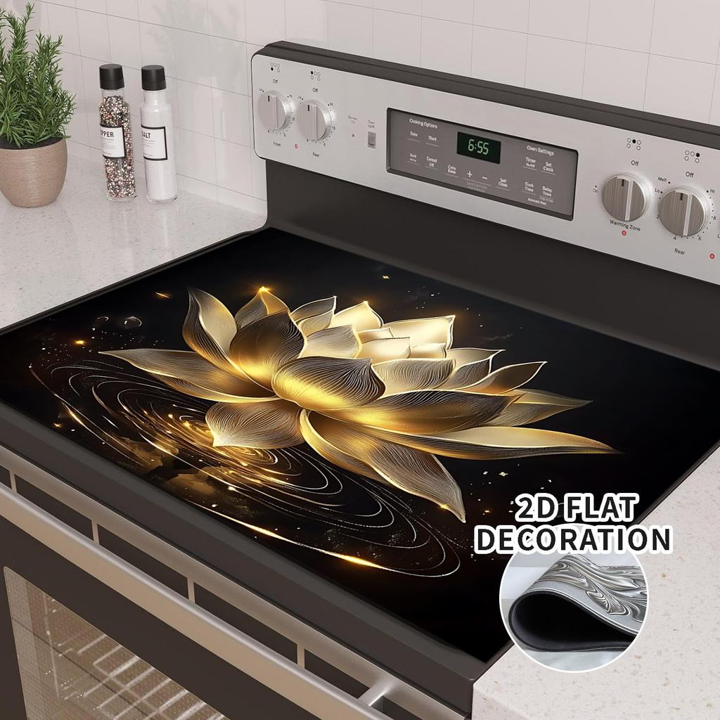 1 Stück Goldene Lotus Küchenherd Abdeckmatte, Wasserdichter Hitzebeständiger Arbeitsplatten-Schutz, Rutschfeste Induktionskochfeld Matte Heimdekoration