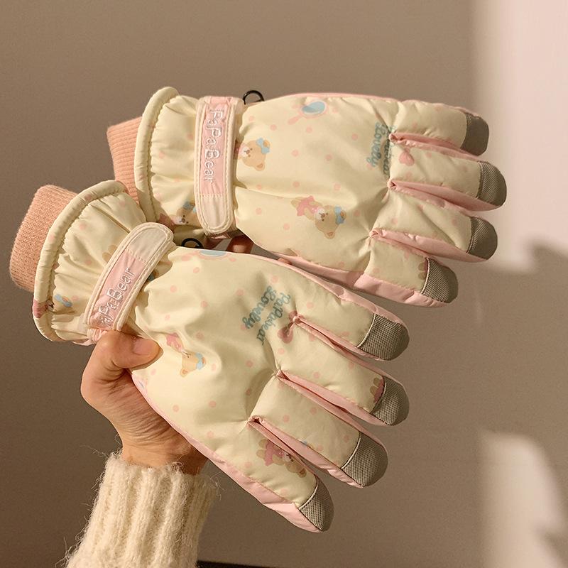 Cute Pink Bear Ski Gloves for Women Winter Touch Screen Plus Velvet Waterproof Warm Windproof Cycling Outdoor