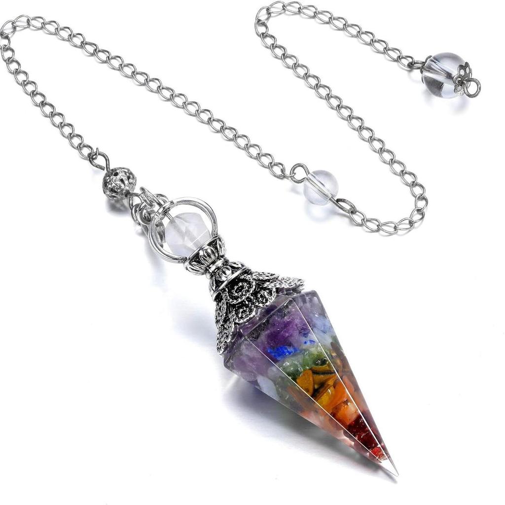 Antique Silver Seven Chakra Crystal Resin Pendulum with Semi-Precious Chips Pendant