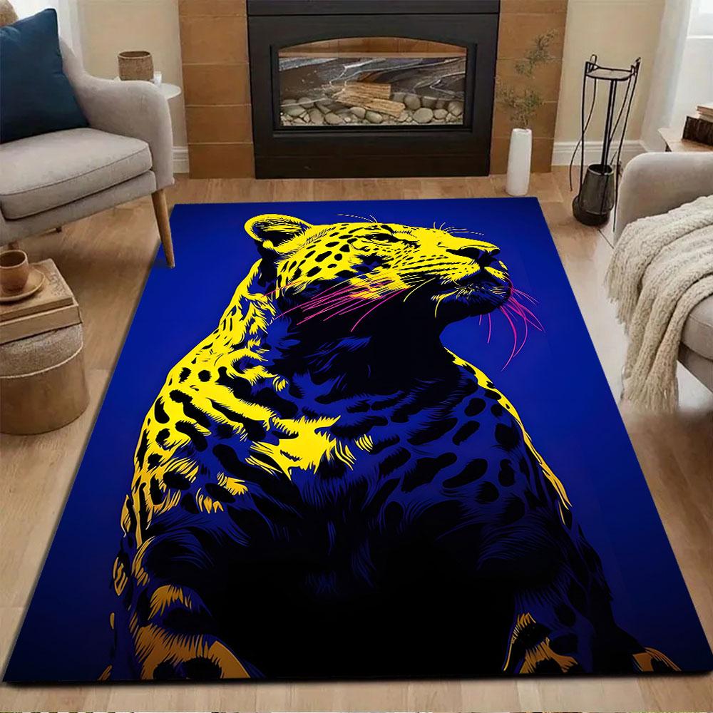 "Colorful Leopard on Blue Background" Patterned carpet, non slip mat suitable for living room and bedroom sofas