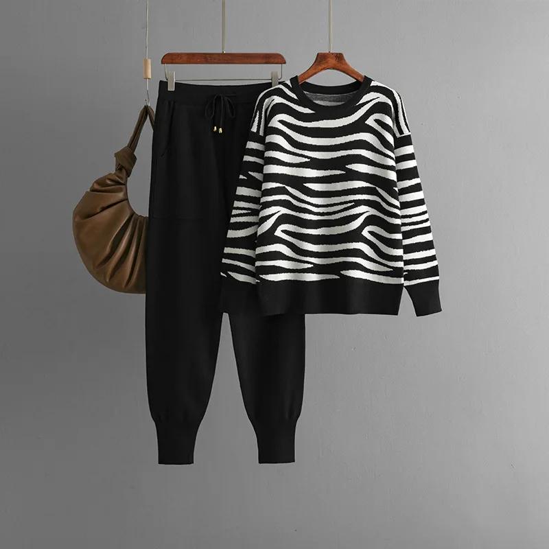 Maglioni e maglioni a maniche lunghe con scollo a V e stampa leopardata da donna, completi in maglia coreana da 2 pezzi, pantaloni harem a vita alta.