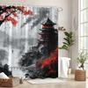 1Pc Asian Cityscape Shower Curtain - Misty Pagodas, Red Tree & Bridge Design With Striking Red Accents, Durable Polyester Fabric