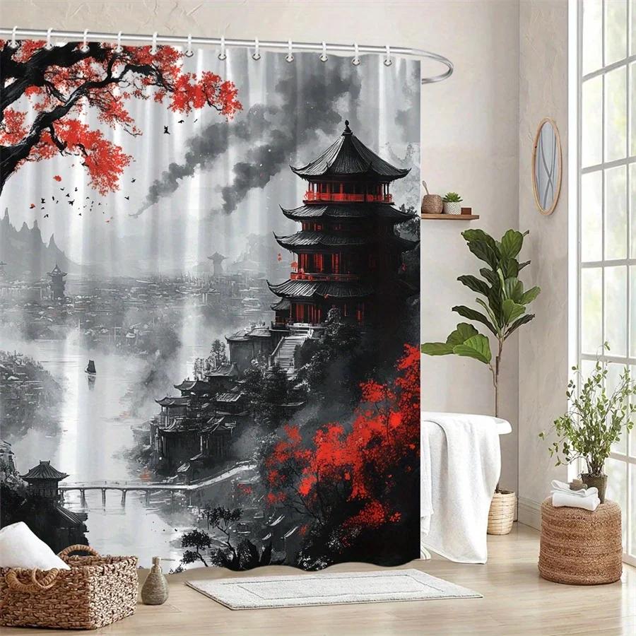 1Pc Asian Cityscape Shower Curtain - Misty Pagodas, Red Tree & Bridge Design With Striking Red Accents, Durable Polyester Fabric