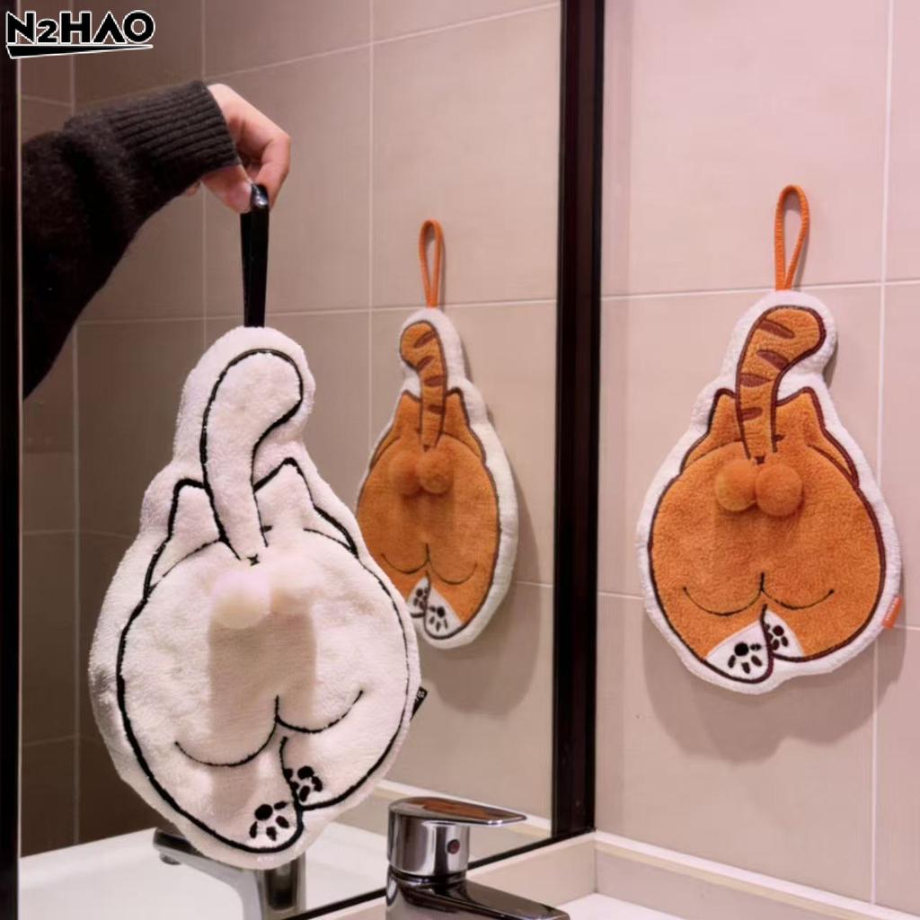 Cute Cat Back Hanging Towel Kitchen Hand Towel Bathroom Soft Absorbent Handkerchief Wipe Towel Coral Design Cartoon Kids Towels