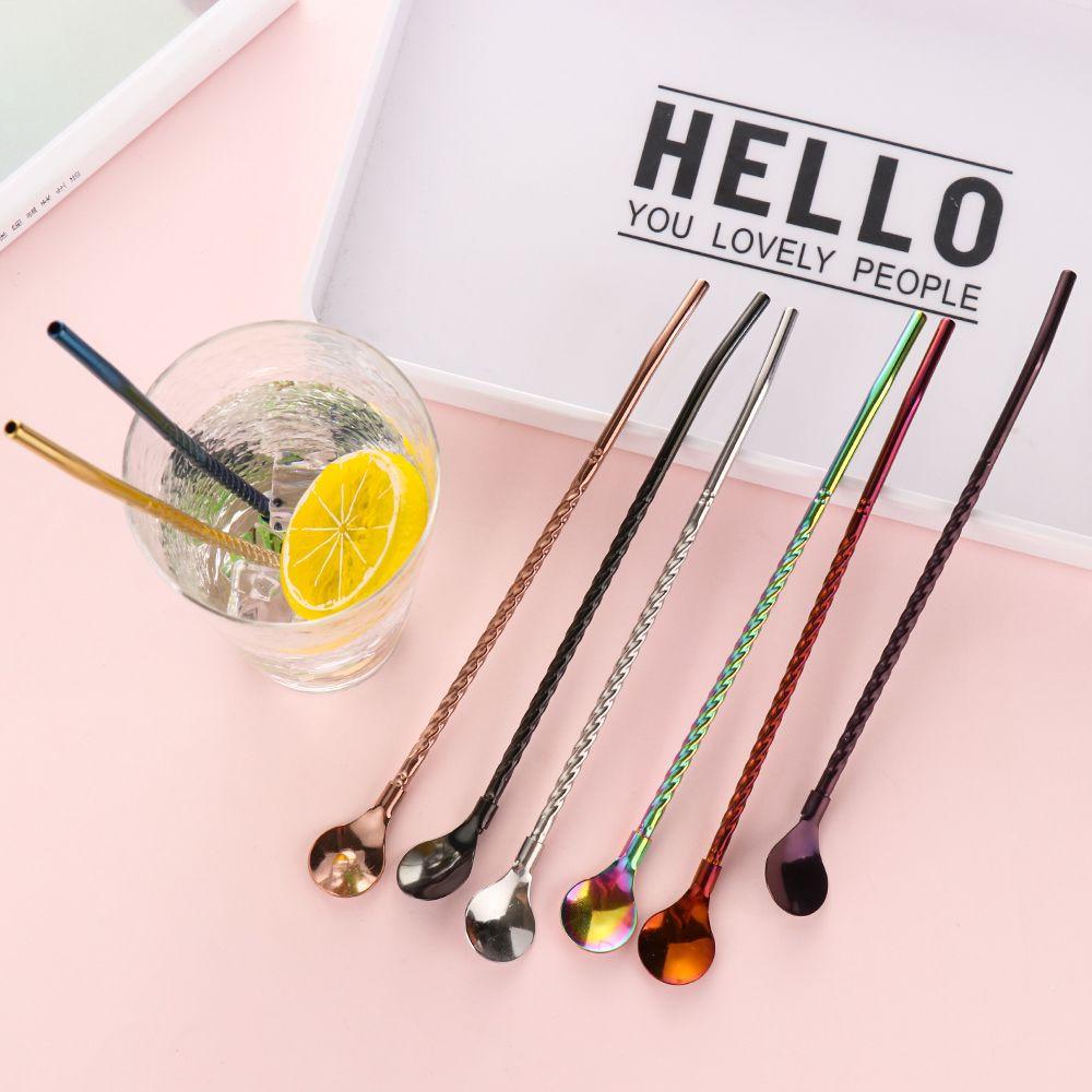 Home Metal Bar Tea Reusable Stainless Steel Straws Spoon Coffee Spoons Drinking Straw