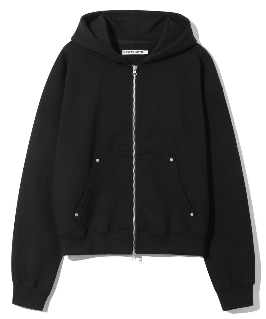 Basemoment Rivet Crop Zip-Up Hoodie (Heavyweight) Black