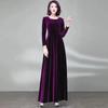 Elegant Autumn/Winter Golden Velvet V-Neck Pleated A-Line Dress with Waist-Cinching and Wide Hem