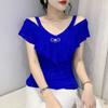 New Summer Sequin V-neck Short-sleeved Thin Slim Mesh Trolley-cut Hollow Off-shoulder T-shirt