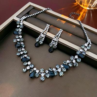 European and American Light Luxury Black Rhinestone Zircon Sets Temperament Fashion Droplets Earrings Pendant Necklaces Set