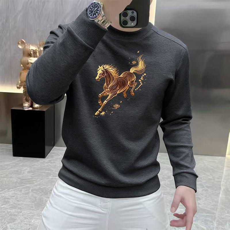 Men's Korean Style Year of the Horse Red Coral Fleece Hoodie, Thickened, Loose Fit, Pure Cotton, Round Neck, Autumn/Winter
