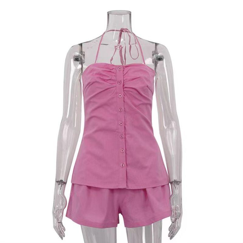 

Fashion Wind New Sexy Halter Top Shorts Two-Piece Suit Backless Top and Shorts Set Pink L