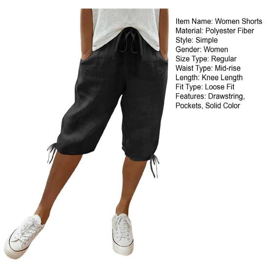 Women Shorts Elastic Mid-Waist Adjustable Drawstring Yoga Running Shorts with Pockets Solid Color Loose