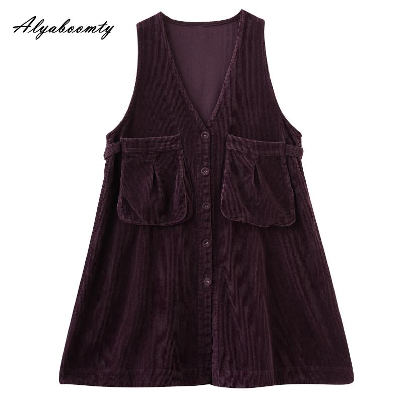 Korean Style Autumn Winter Women Basic Sundress V Neck Brown Purple Oversized Tank Dress Sleeveless Corduroy Basic Baggy Midi Dress