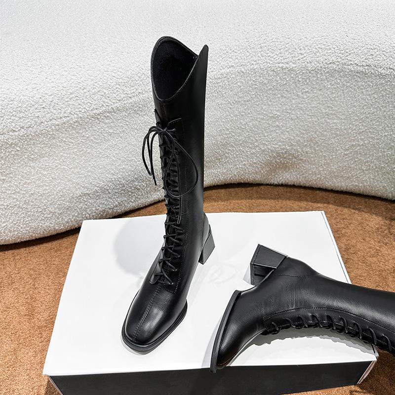 

Высокие сапоги для женской осени и зимы, новые сапоги с квадратным носком и толстым каблуком, высокие сапоги на ремешках, средней высоты каблук, но длиной до колена 39