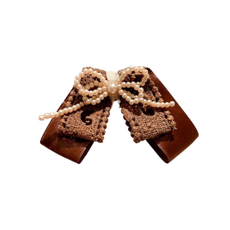 1pc Rose Milk tea~Butterfly Knot Pearl Lace Hair Clip for Women, New High-end Style, Duck Billed Clip, Sweet Bangs Clip