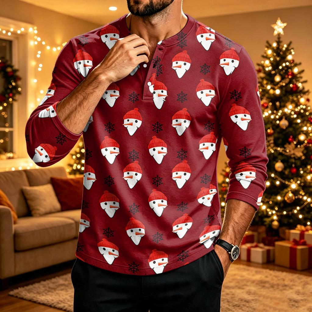 Camicia da Uomo a Maniche Lunghe con Stampa Natalizia per Festa, Uso Casual Quotidiano
