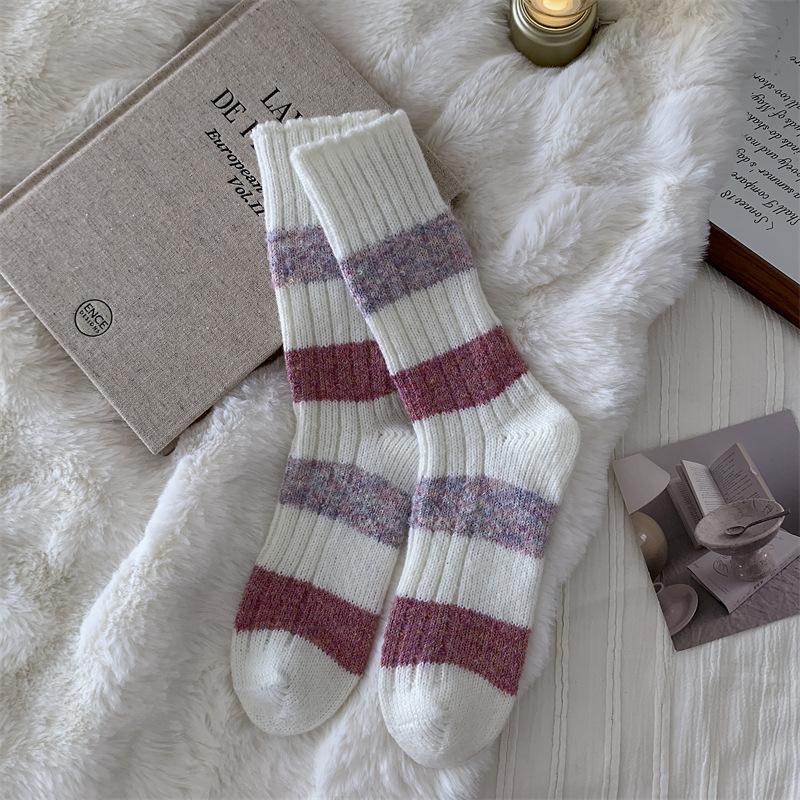 Women's Autumn and Winter Thickened Warm Contrast Color Striped Wool Long Stack Socks