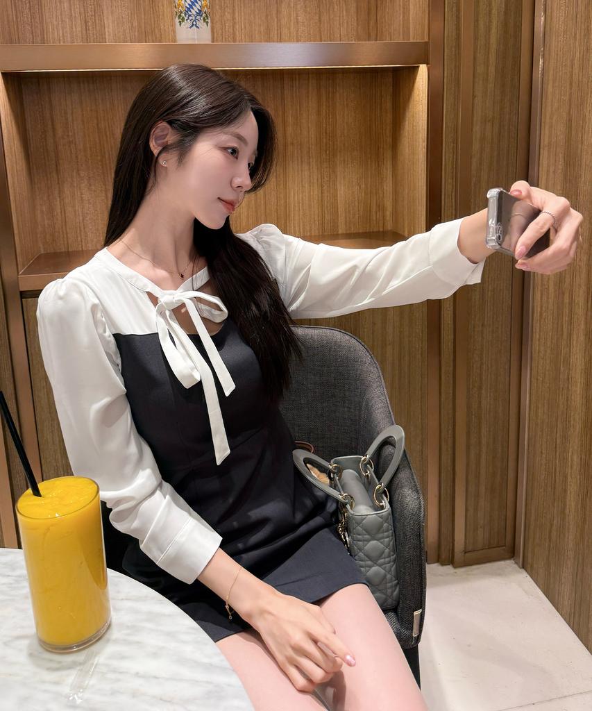 Neimkategoli Nina Color Block Ribbon Tie Dress_White