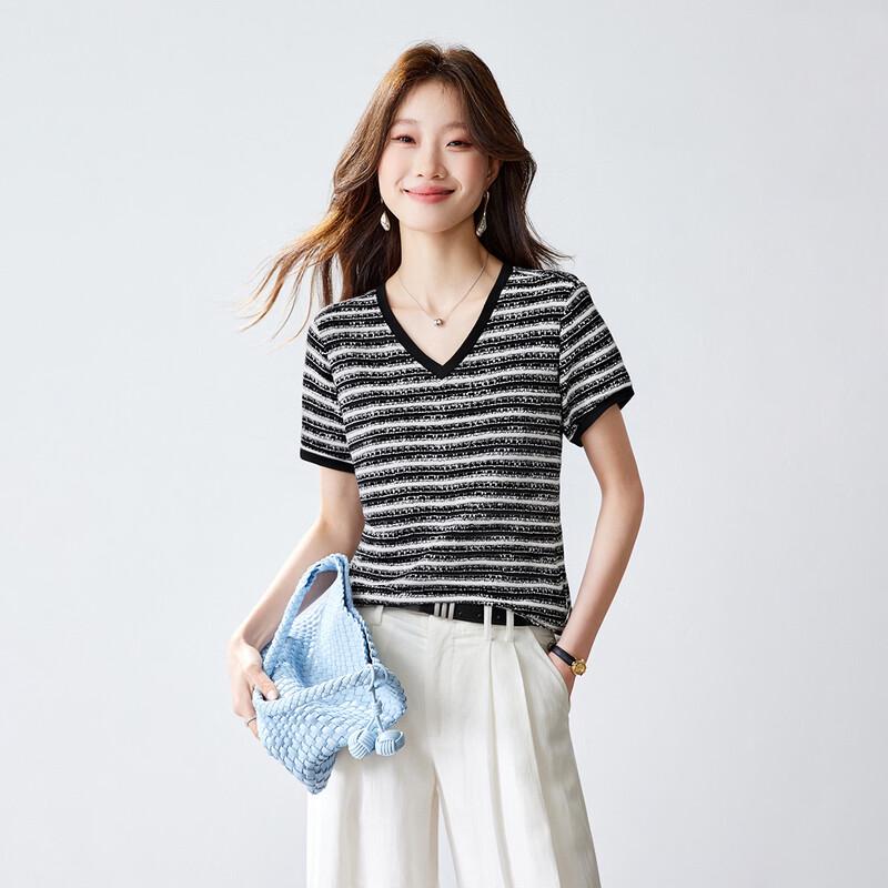 Srcr Women s 100% Mulberry Silk Striped V-neck Short Sleeve T-Shirt 3XL