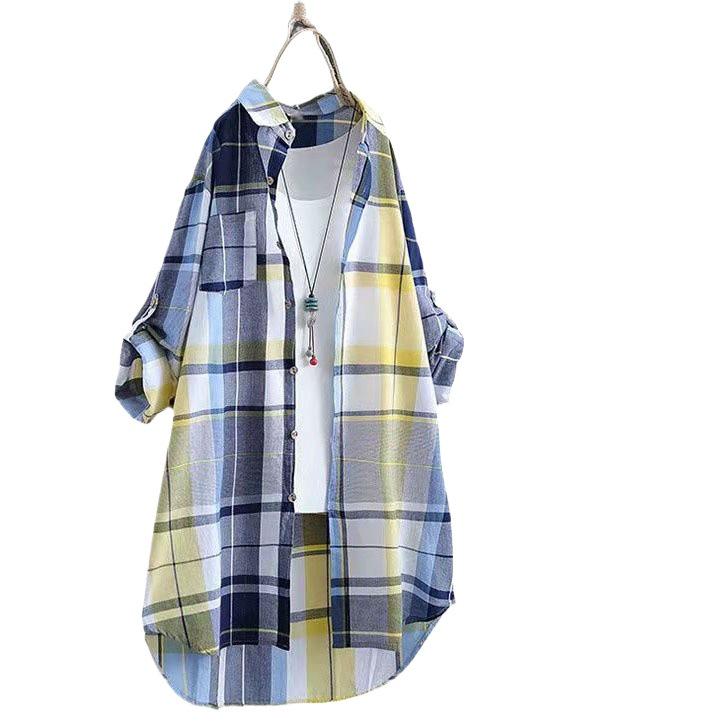 2024 Spring/Autumn Women's Korean Style Plaid Loose Mid-Length Plus Size Long Sleeve Shirt Jacket