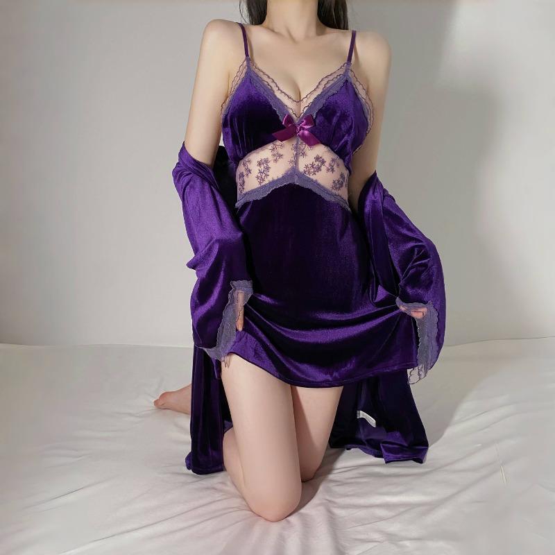 Sexy Golden Velvet Suspender Pajamas Autumn and Winter Nightgown Robe Two-piece Set Lace Loungewear Women's