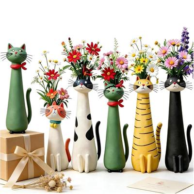 Kattformad Resinvas, Söt Långhalsad Katt Blomsterarrangemang Prydnad, Hemmakontor Bordsblommor, Vardagsrum Entré Dekoration