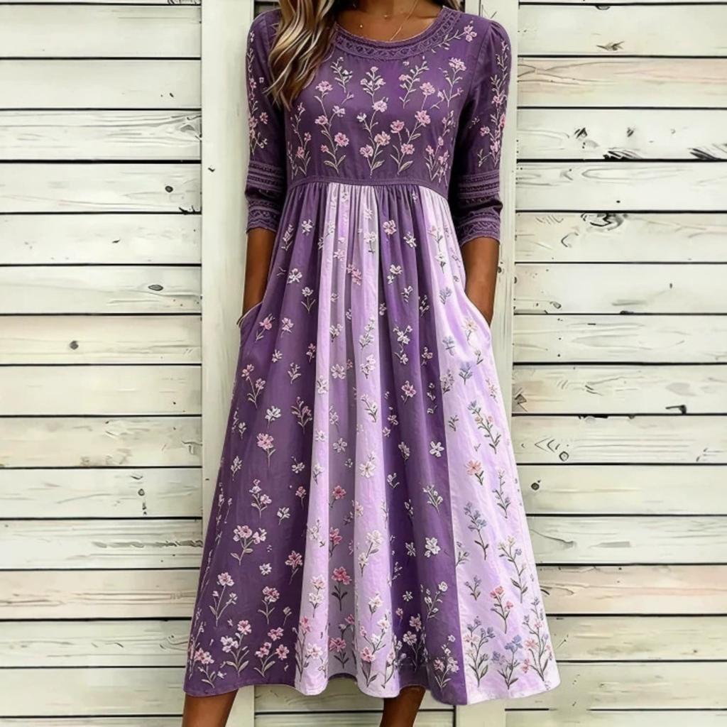 Women's Crew Neck Long Sleeve Loose Fit A-Line Midi Dress Casual 3D Floral Print