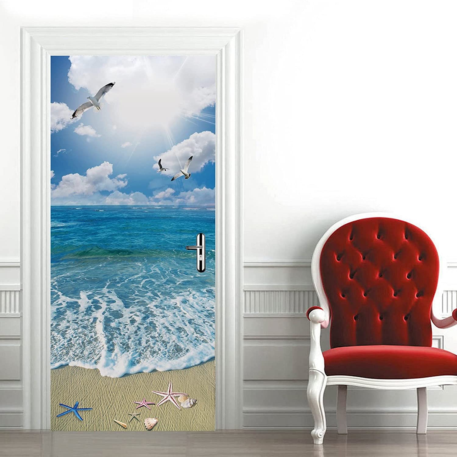 

3D дверные наклейки для межкомнатных дверей, мокрая галька, камни в воде, морской пляж, виниловые водонепроницаемые самоклеящиеся наклейки на дверь 77X200cm