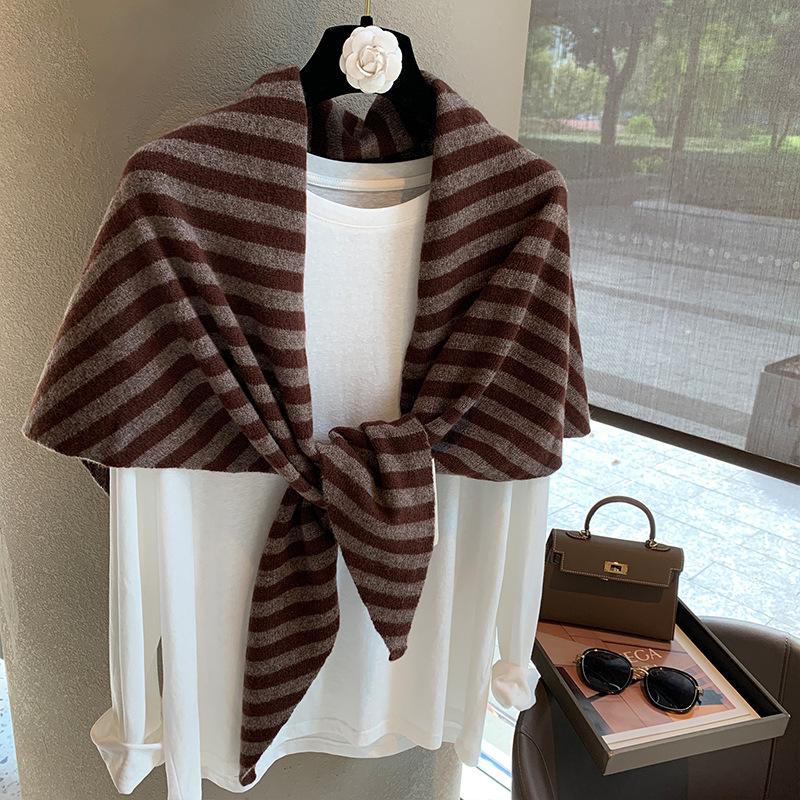 Women Striped Wool Triangle Knit Shawl Warm Winter Outerwear Wrap